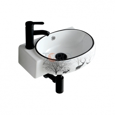 LAVABO GÓC TREO TƯỜNG TRẮNG HỌA TIẾT HƯƠU ( GÓC TRÁI ) LG-H9