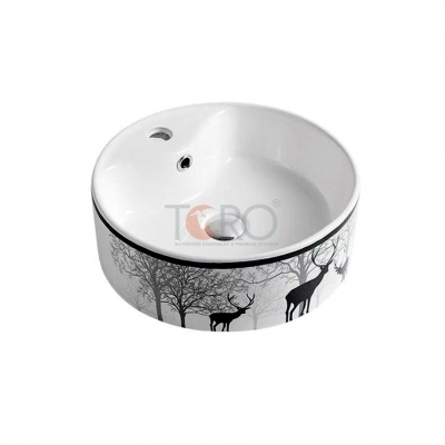 LAVABO SỨ TRẮNG TRÒN HỌA TIẾT HƯƠU T-LBH3