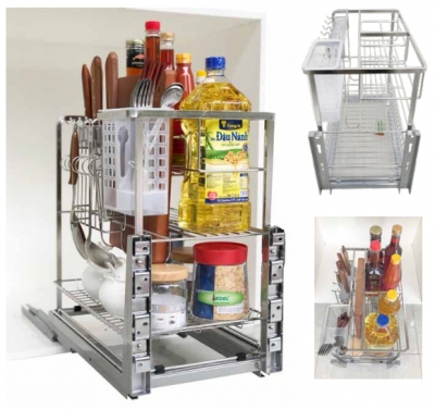 Giá đựng gia vị, chai lọ, dao thớt ray âm giảm chấn, chất liệu inox mờ 304 nan dẹt cao cấp Edel