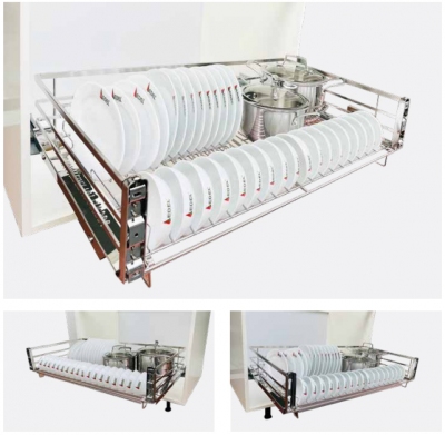 Ngăn kéo đa năng để bát đĩa, xoong nồi, ray âm giảm chấn chất liệu Inox mờ 304 nan dẹt cao cấp Edel.