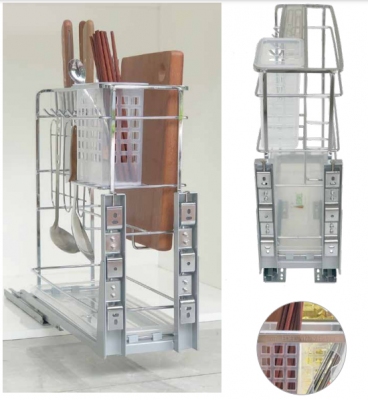Giá đựng gia vị, chai lọ, dao thớt ray âm giảm chấn, chất liệu inox mờ 304 nan vuông cao cấp Edel