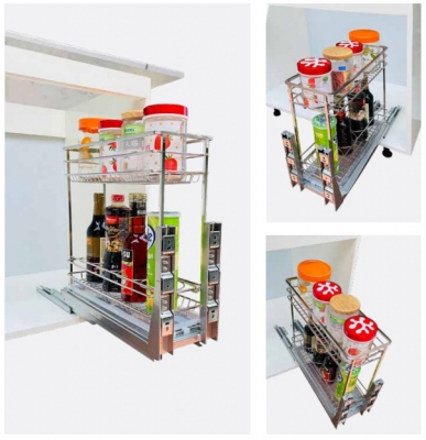 Giá đựng gia vị chai lọ ray âm giảm chấn inox mờ 304 nan vuông cao cấp Edel.