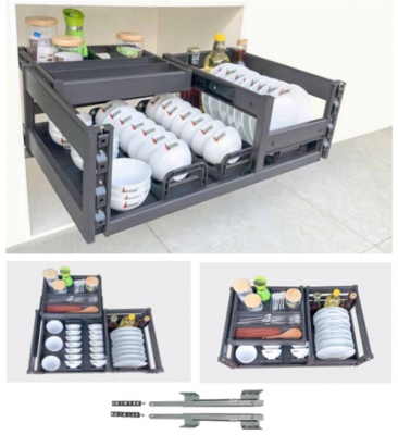 Ngăn kéo đa năng để bát đĩa, thìa dĩa, gia vị, ray âm giảm chấn chất liệu hợp kim nhôm cao cấp, nano diệt khuẩn