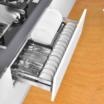 Ngăn kéo để bát đĩa, xoong nồi Inox hộp cao cấp, ray âm giảm chấn Edel.
