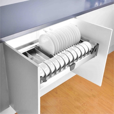 Ngăn kéo để bát đĩa, xoong nồi Inox hộp cao cấp, ray âm giảm chấn Edel.