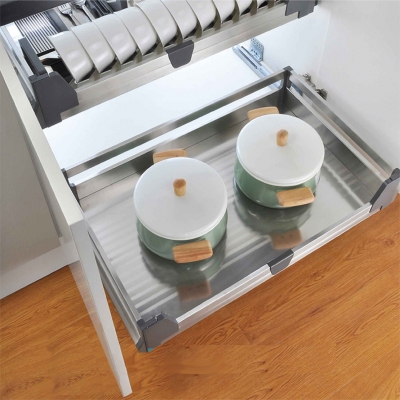 Ngăn kéo để bát đĩa, xoong nồi Inox hộp cao cấp, ray âm giảm chấn Edel.