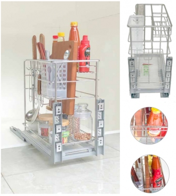 Giá đựng gia vị, chai lọ, dao thớt ray âm giảm chấn, chất liệu inox mờ 304 nan tròn cao cấp Edel