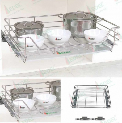 Ngăn kéo để xoong nồi Inox 304 mờ nan tròn cao cấp, ray âm giảm chấn Edel.